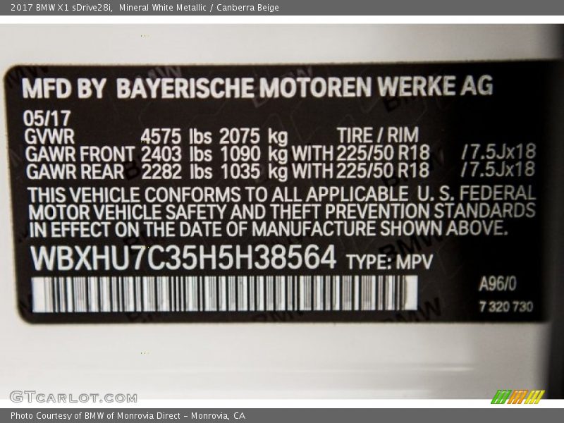 Mineral White Metallic / Canberra Beige 2017 BMW X1 sDrive28i
