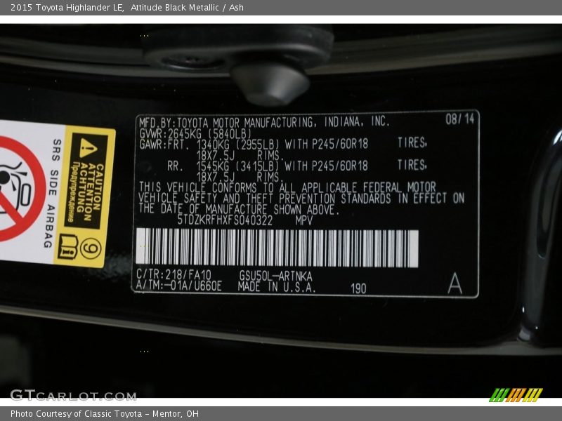 Attitude Black Metallic / Ash 2015 Toyota Highlander LE