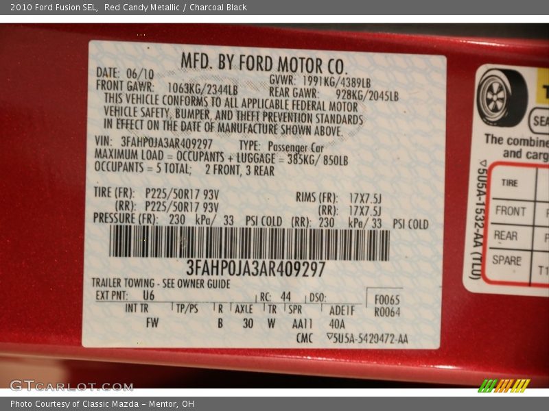Red Candy Metallic / Charcoal Black 2010 Ford Fusion SEL