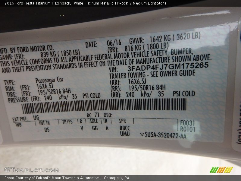 2016 Fiesta Titanium Hatchback White Platinum Metallic Tri-coat Color Code UG