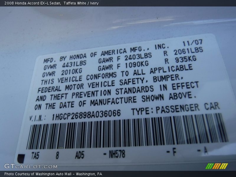 Taffeta White / Ivory 2008 Honda Accord EX-L Sedan