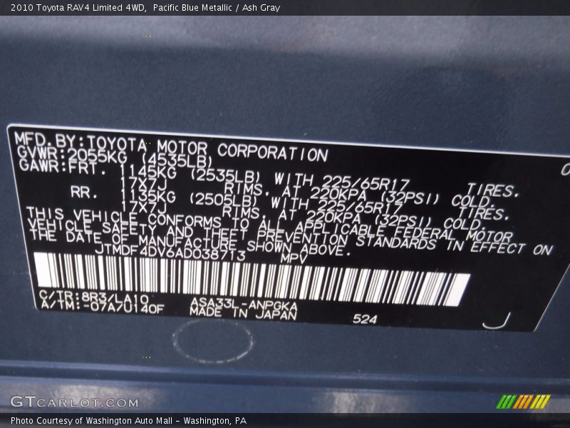 Pacific Blue Metallic / Ash Gray 2010 Toyota RAV4 Limited 4WD