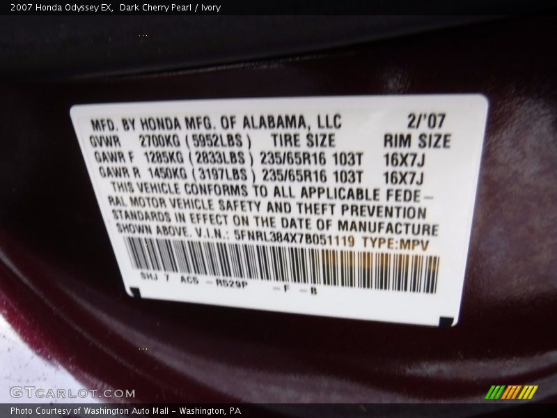 Dark Cherry Pearl / Ivory 2007 Honda Odyssey EX