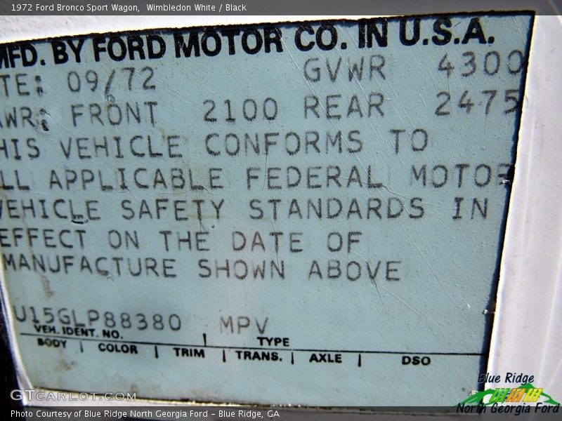 Wimbledon White / Black 1972 Ford Bronco Sport Wagon