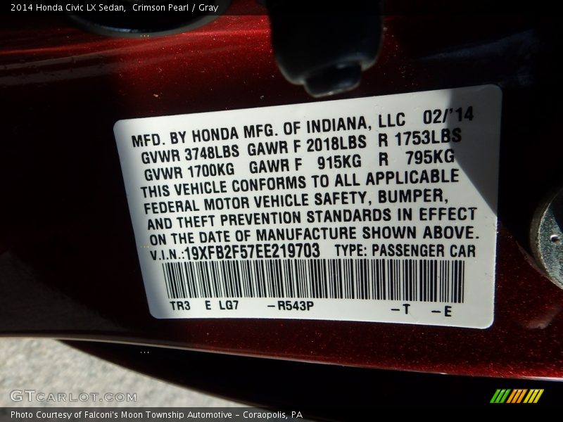 Crimson Pearl / Gray 2014 Honda Civic LX Sedan
