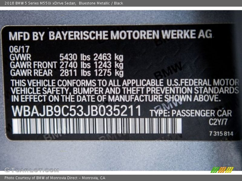 Bluestone Metallic / Black 2018 BMW 5 Series M550i xDrive Sedan