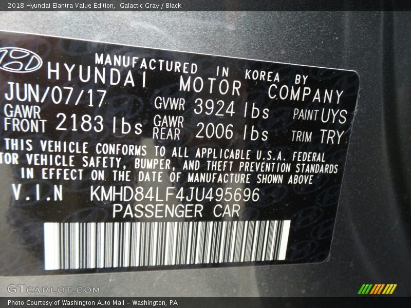 Galactic Gray / Black 2018 Hyundai Elantra Value Edition