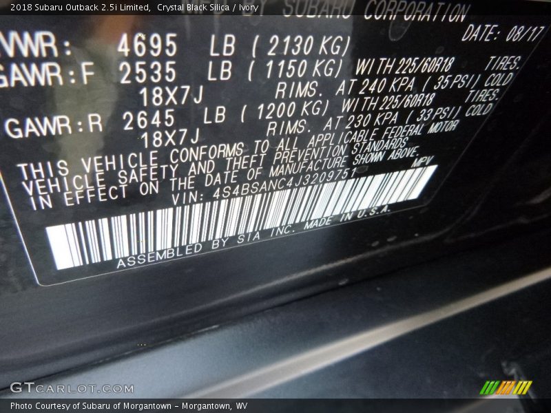 Crystal Black Silica / Ivory 2018 Subaru Outback 2.5i Limited