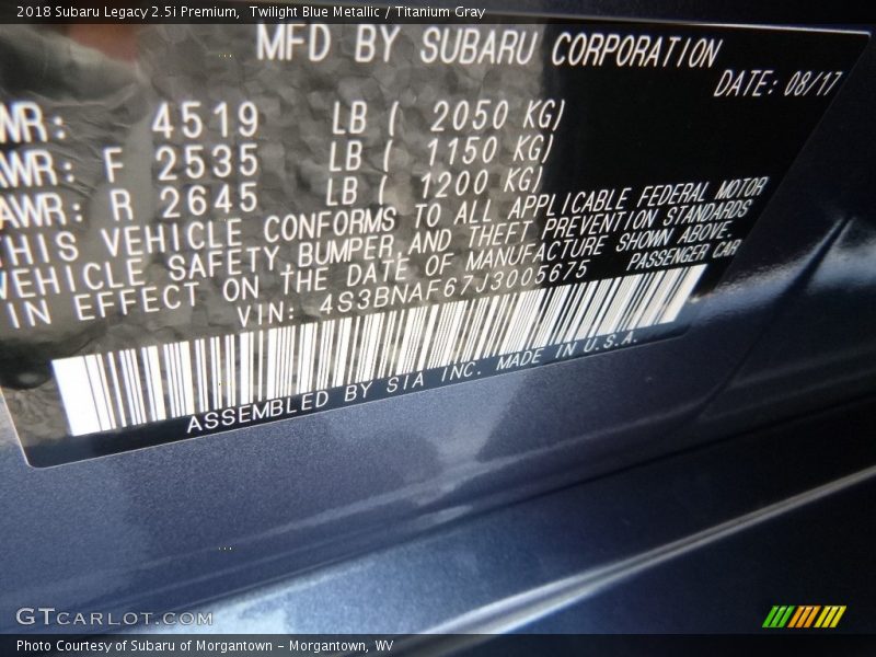 Twilight Blue Metallic / Titanium Gray 2018 Subaru Legacy 2.5i Premium