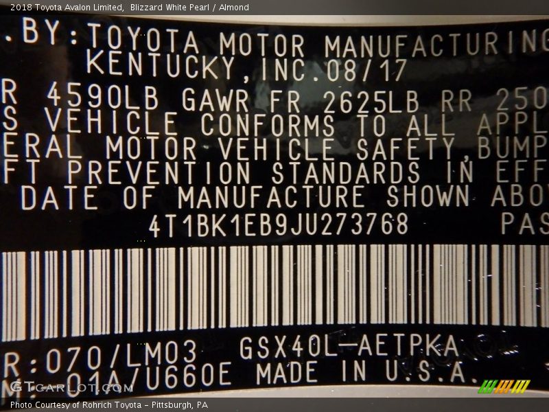 Blizzard White Pearl / Almond 2018 Toyota Avalon Limited