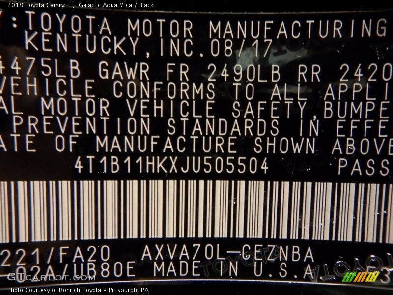 2018 Camry LE Galactic Aqua Mica Color Code 221