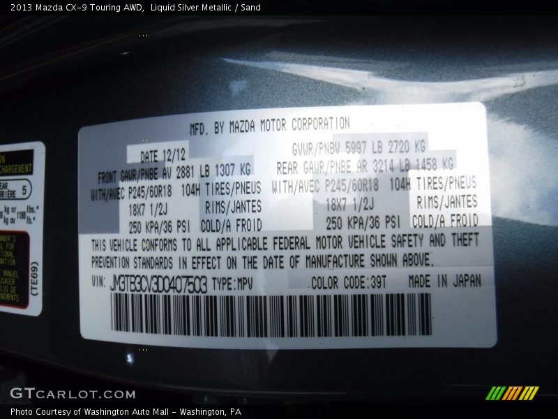 Liquid Silver Metallic / Sand 2013 Mazda CX-9 Touring AWD