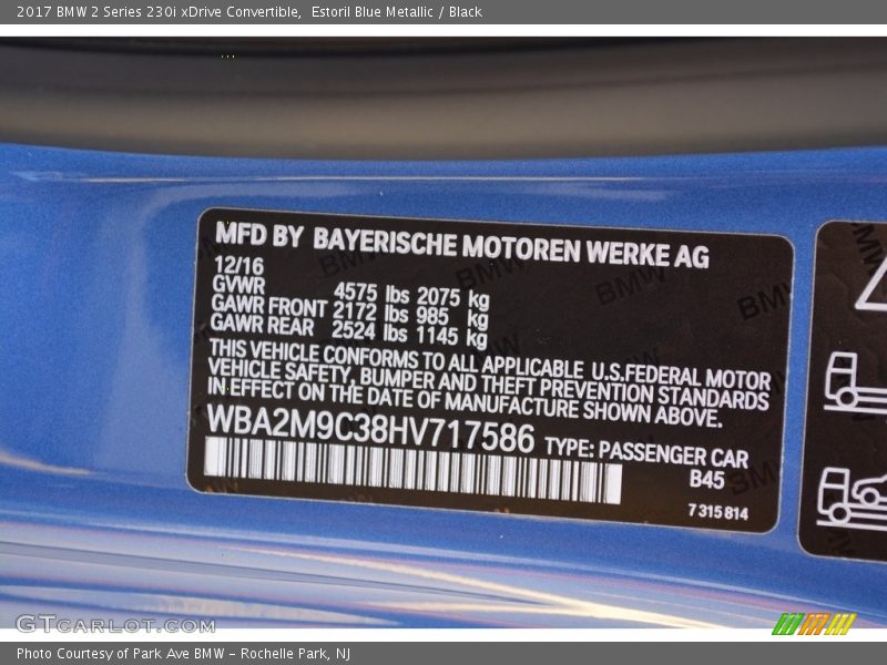 Estoril Blue Metallic / Black 2017 BMW 2 Series 230i xDrive Convertible