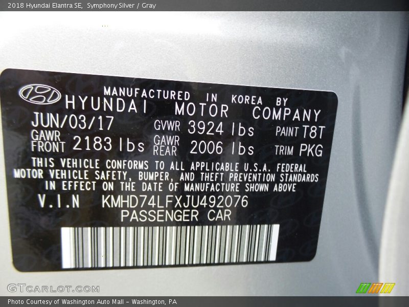 Symphony Silver / Gray 2018 Hyundai Elantra SE