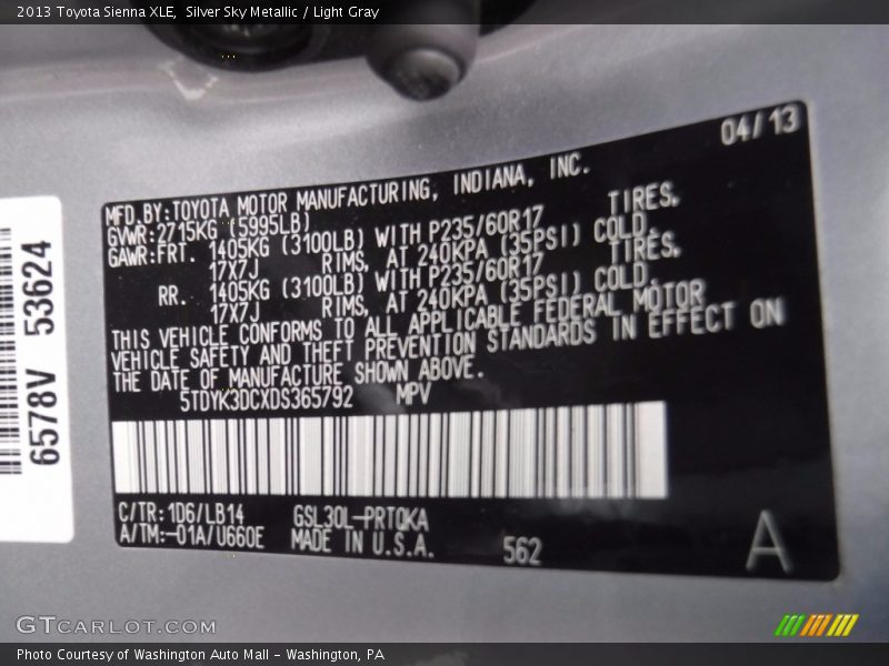 Silver Sky Metallic / Light Gray 2013 Toyota Sienna XLE