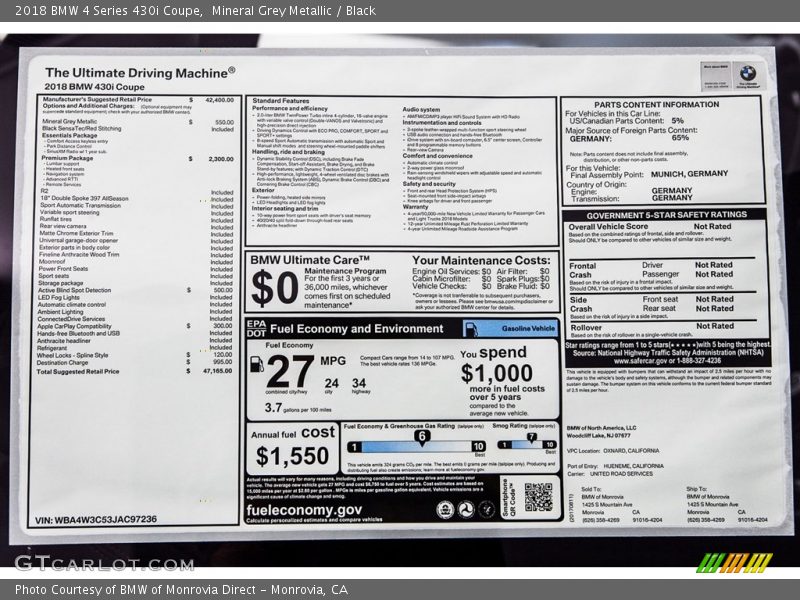 Mineral Grey Metallic / Black 2018 BMW 4 Series 430i Coupe