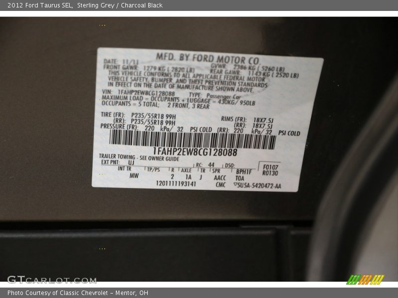 Sterling Grey / Charcoal Black 2012 Ford Taurus SEL