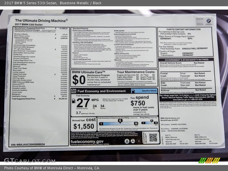 Bluestone Metallic / Black 2017 BMW 5 Series 530i Sedan