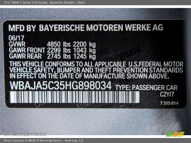Bluestone Metallic / Black 2017 BMW 5 Series 530i Sedan
