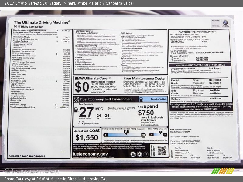 Mineral White Metallic / Canberra Beige 2017 BMW 5 Series 530i Sedan