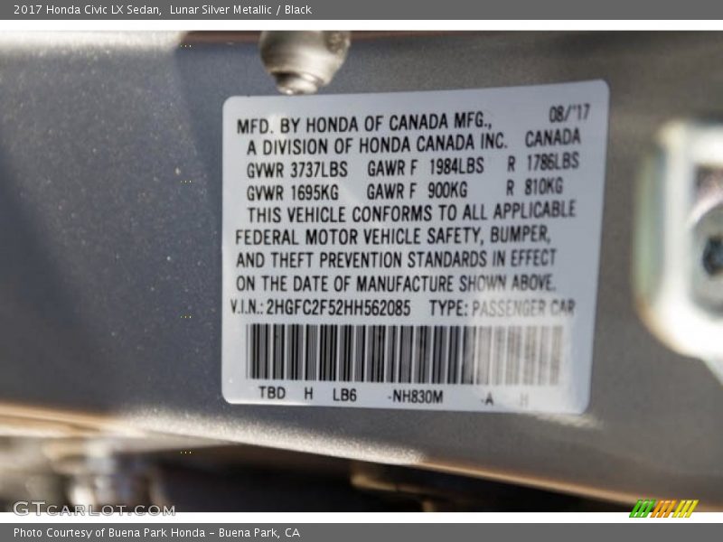 Lunar Silver Metallic / Black 2017 Honda Civic LX Sedan