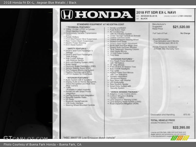  2018 Fit EX-L Window Sticker