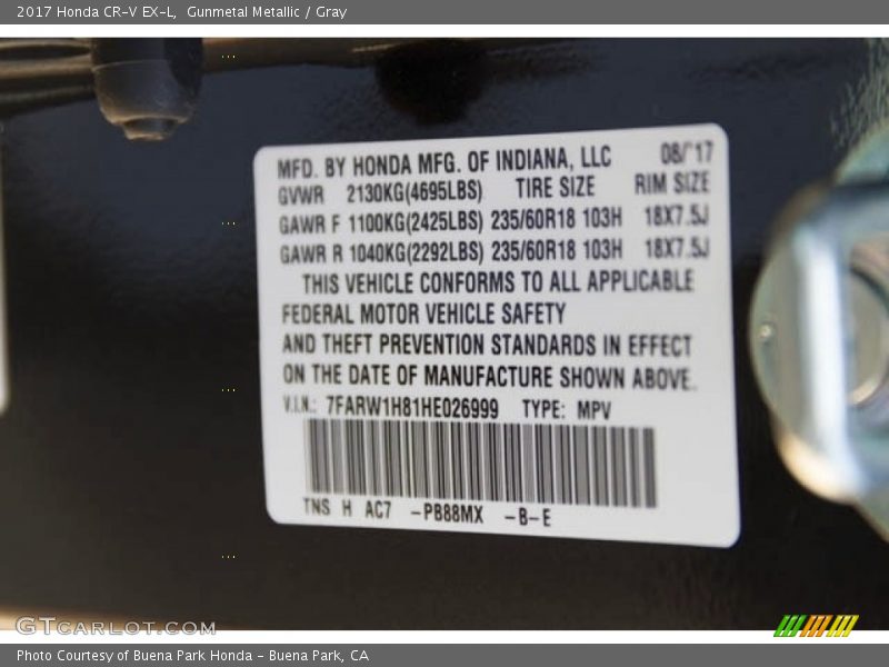 Gunmetal Metallic / Gray 2017 Honda CR-V EX-L