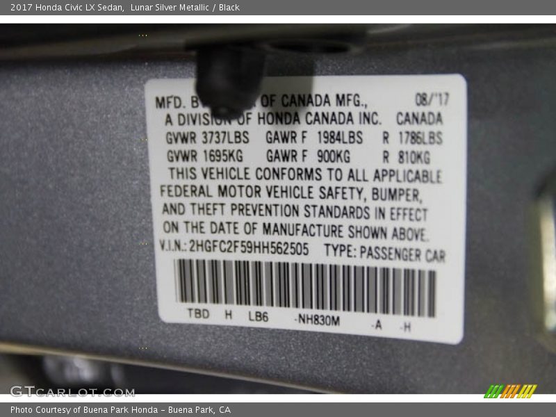 Lunar Silver Metallic / Black 2017 Honda Civic LX Sedan