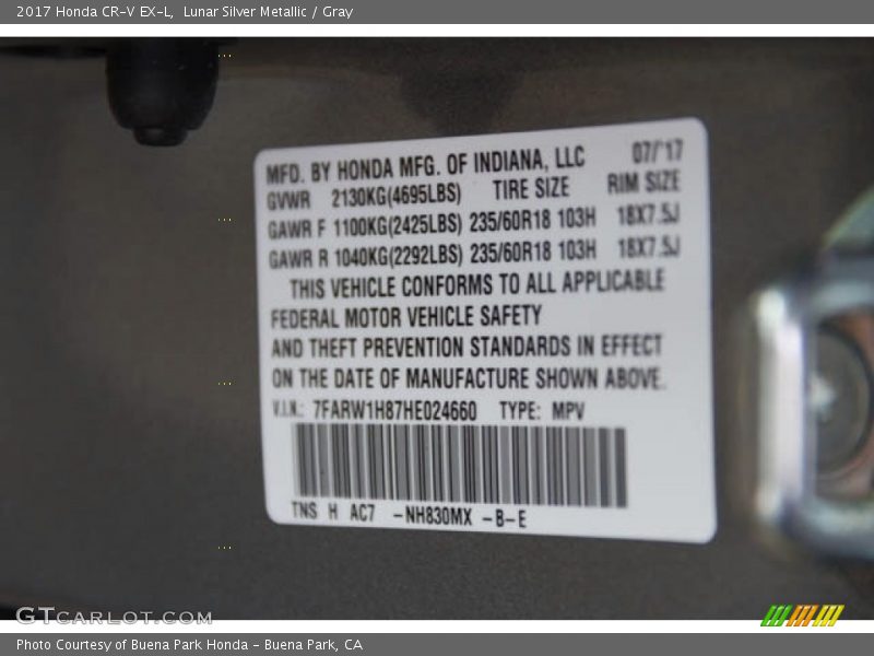 Lunar Silver Metallic / Gray 2017 Honda CR-V EX-L