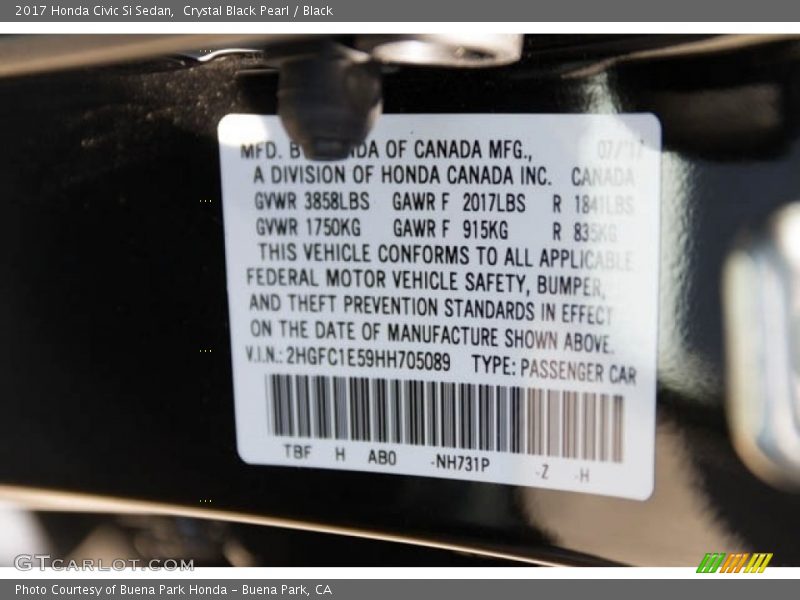 Crystal Black Pearl / Black 2017 Honda Civic Si Sedan