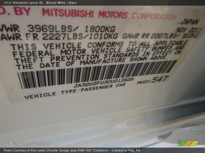 Wicked White / Black 2012 Mitsubishi Lancer ES