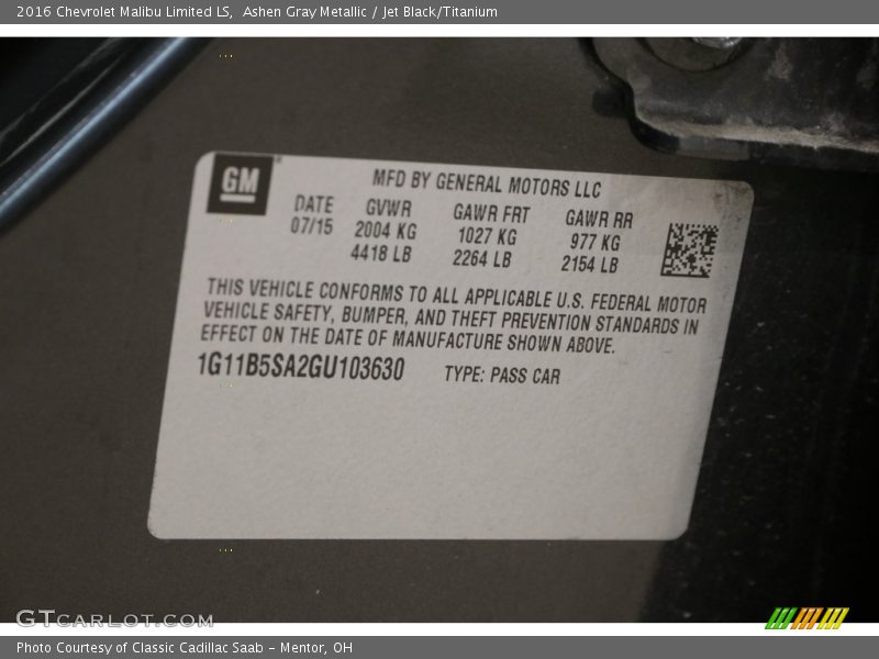 Ashen Gray Metallic / Jet Black/Titanium 2016 Chevrolet Malibu Limited LS