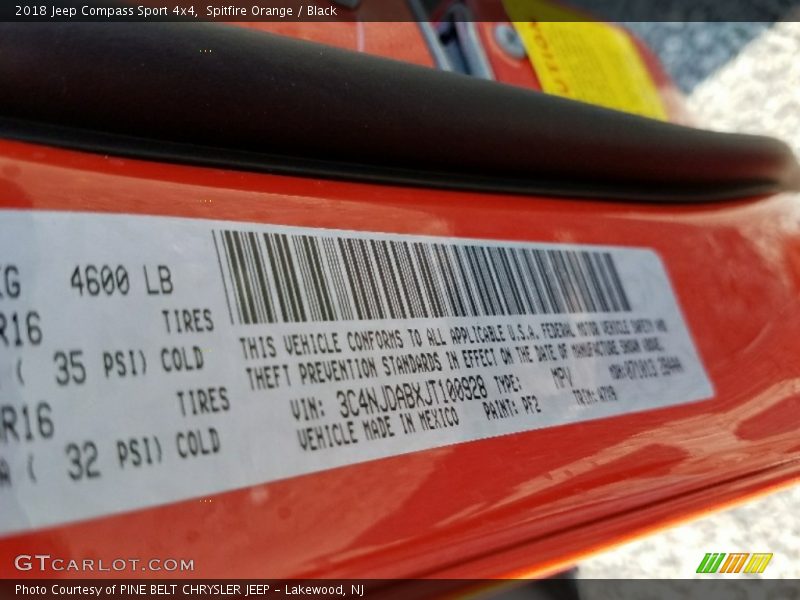 2018 Compass Sport 4x4 Spitfire Orange Color Code PF2