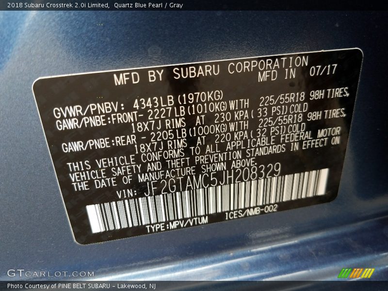 Quartz Blue Pearl / Gray 2018 Subaru Crosstrek 2.0i Limited