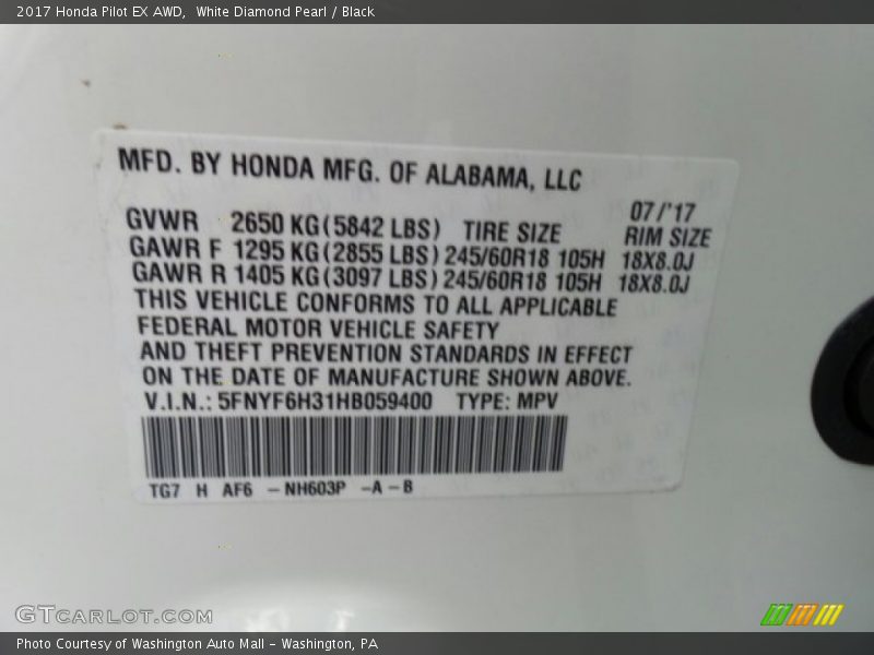 White Diamond Pearl / Black 2017 Honda Pilot EX AWD