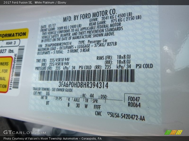 White Platinum / Ebony 2017 Ford Fusion SE