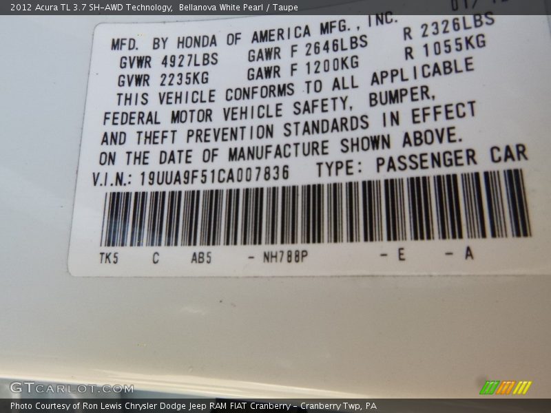 Bellanova White Pearl / Taupe 2012 Acura TL 3.7 SH-AWD Technology