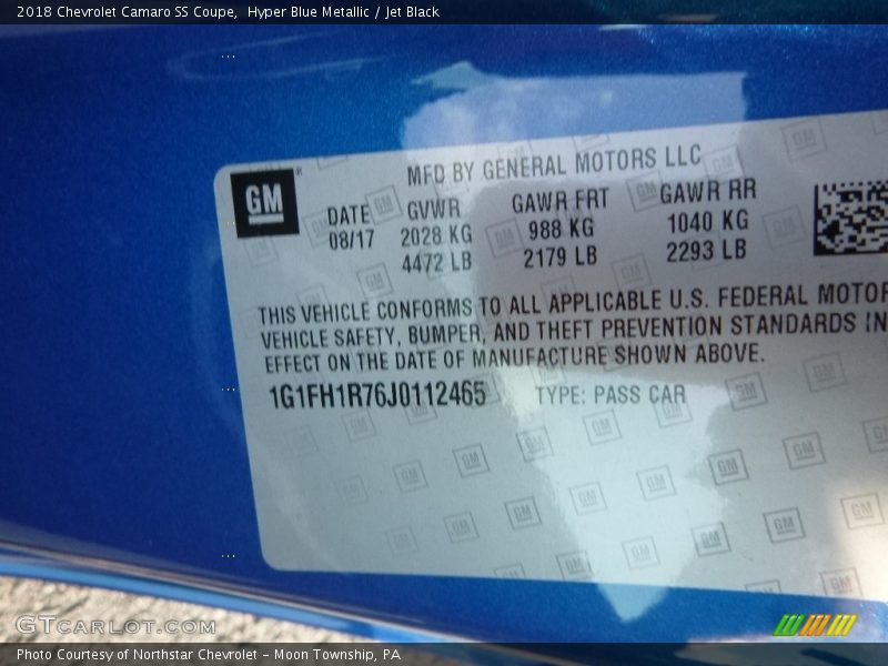 Hyper Blue Metallic / Jet Black 2018 Chevrolet Camaro SS Coupe