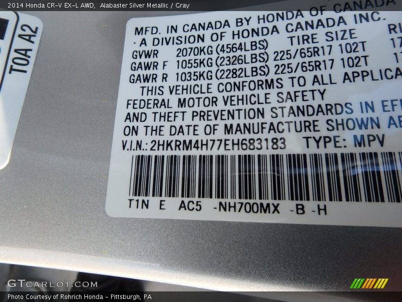 Alabaster Silver Metallic / Gray 2014 Honda CR-V EX-L AWD