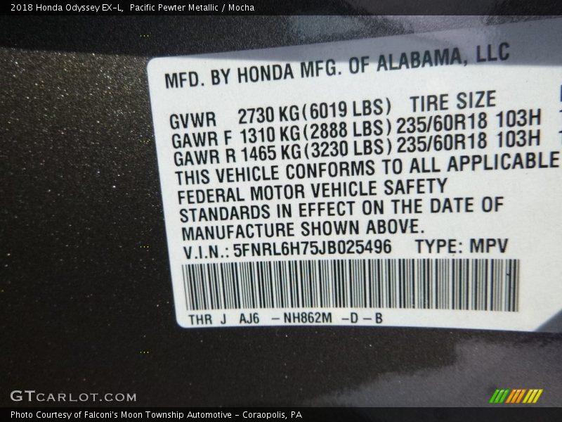 Pacific Pewter Metallic / Mocha 2018 Honda Odyssey EX-L