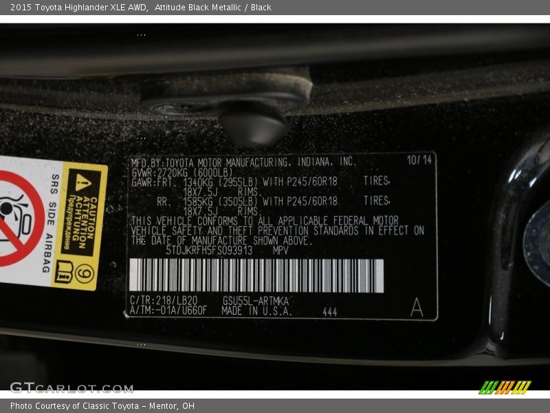 Attitude Black Metallic / Black 2015 Toyota Highlander XLE AWD