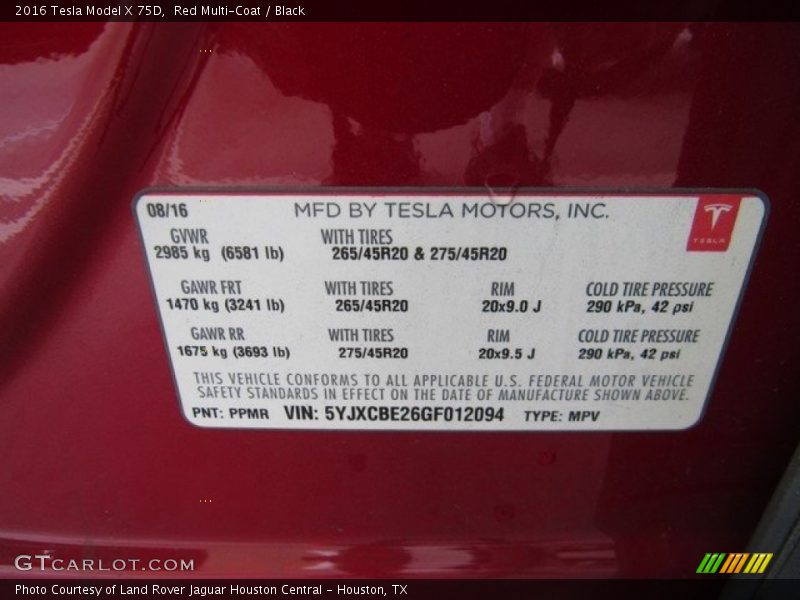 2016 Model X 75D Red Multi-Coat Color Code PPMR