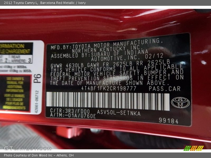 Barcelona Red Metallic / Ivory 2012 Toyota Camry L