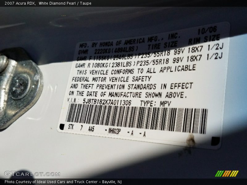 White Diamond Pearl / Taupe 2007 Acura RDX