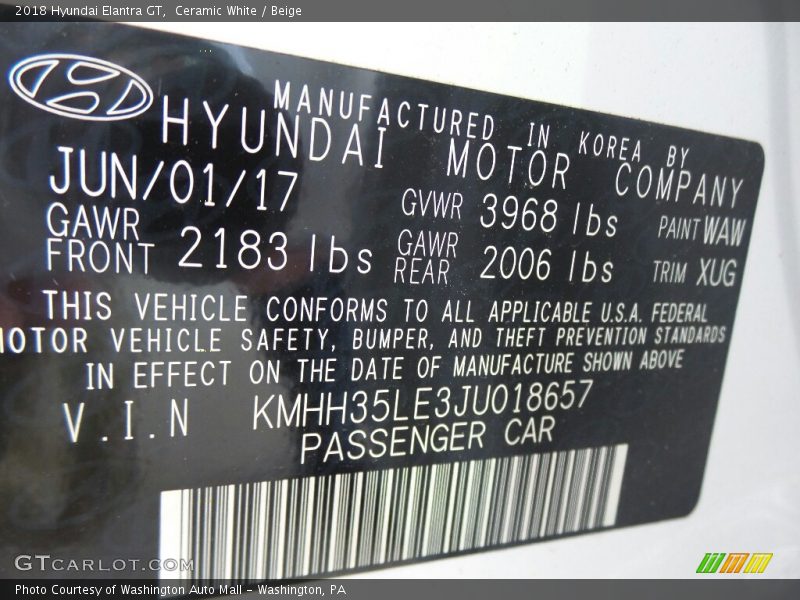 2018 Elantra GT  Ceramic White Color Code WAW