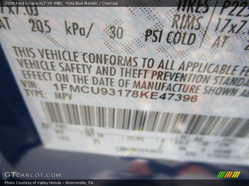 Vista Blue Metallic / Charcoal 2008 Ford Escape XLT V6 4WD