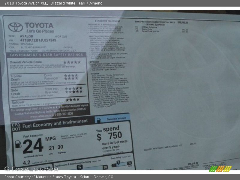 Blizzard White Pearl / Almond 2018 Toyota Avalon XLE