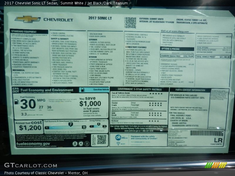  2017 Sonic LT Sedan Window Sticker