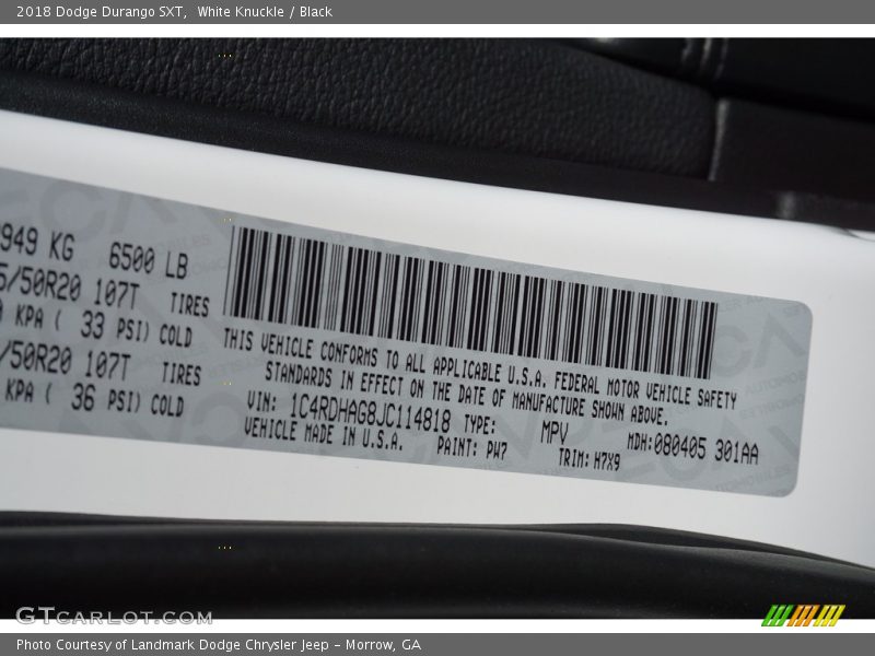 2018 Durango SXT White Knuckle Color Code PW7