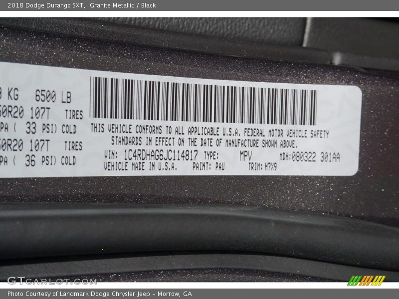 2018 Durango SXT Granite Metallic Color Code PAU